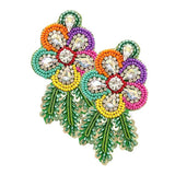 Felt Back Sequin Stone Seed Beaded Flower Leaf Earrings