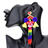 Flower Pom Pom Beaded Tassel Earrings