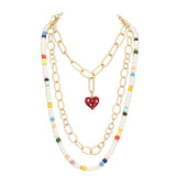 Heart Pendant Accented  Pearl Resin Beaded Triple Layered Necklace
