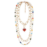 Heart Pendant Accented  Pearl Resin Beaded Triple Layered Necklace