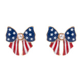 Women's Pearl Pointed Enamel American USA Flag Bow Stud Earrings 4th of July