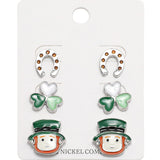 Enamel St Patricks Clover Leprechaun Horseshoe Stud Earring Set