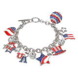 Women's Enamel Stone Paved American USA Flag Message Shamballa Ball Charm Embellished Toggle Bracelet 4th of July