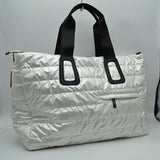 Horizontal Puffer Quilted Weekender Travel Duffel Bag with Shoulder Strap