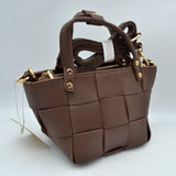 Wide Woven Basket Square Top-Handle Mini Tote Bag with Crossbody Strap