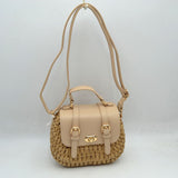Woven Straw Satchel Bag with Faux Leather Flap and Double Buckle Accent