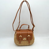 Woven Straw Satchel Bag with Faux Leather Flap and Double Buckle Accent