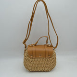 Woven Straw Satchel Bag with Faux Leather Flap and Double Buckle Accent
