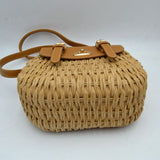 Woven Straw Satchel Bag with Faux Leather Flap and Double Buckle Accent