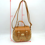 Woven Straw Satchel Bag with Faux Leather Flap and Double Buckle Accent