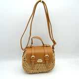 Woven Straw Satchel Bag with Faux Leather Flap and Double Buckle Accent