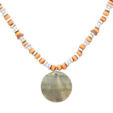 Wood Heishi Beaded Abalone Pendant Necklace