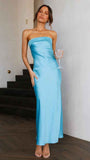 Satin Halter Backless Slit Midi Dress - Print High Neck Elastic Waist Wedding Guest Dress