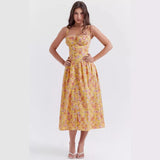 Floral Printed French Lace-Up Halter Dress - Sleeveless Spaghetti Strap Holiday Party Dress with Suspender Detail