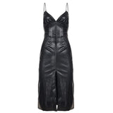 Women's sexy V-neck suspender split-ended dress temperament hip-wrapped tight elastic leather skirt