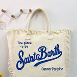 Large Beach Shoulder Commuter Tote – Handmade Fringe Denim Printed Bag, Casual Travel Shopper