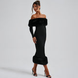 women's clothing autumn and winter fashion fur collar one-word collar long-sleeved temperament slim evening dress