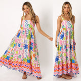Printed shrinkage pleated splicing long suspender dress positioning flower pendulum skirt