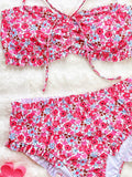 Bikini split swimsuit flower print pleated lace tube top triangular bikini