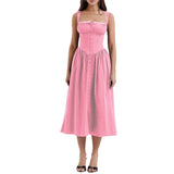 Floral Midi Corset Dress with Square Neck - Women's Smocked Lace-Up Sundress for Wedding Guest & Beach Holiday Parties