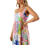 Printed shrinkage pleated splicing long suspender dress positioning flower pendulum skirt