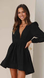 Skinny Deep V-Neck Waist Pleated Mini Dress - Long Sleeve Bodycon Short Dress