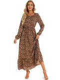 Spring and Autumn floral chiffon dress waist thin long sleeve round neck long printed skirt