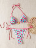 Hemming contrasting print strap sexy bikini split swimsuit Batwing Short Sleeve Shirt W Plants Print