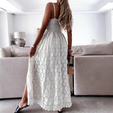 Women's Floral V-Neck Lace Dress - Sleeveless Spaghetti Strap Boho Beach Vacation Dress with Side Split