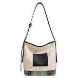 Canvas Splicing Large Capacity Bucket Bag, Wide Shoulder Strap Fashion hobo bag for women, Versatile Striped Shoulder Bag