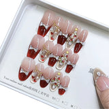 Handmade Nail Red Christmas Hand Painted Love Zircon Diamond Cat's Eye Bow Nail Patch