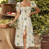 Floral Square Neck Sexy Split Swing Spring Dress Off Shoulder Flower Print Sexy Dress