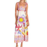 Summer Women's Casual Long Dress Suspender Printed High Waist Sleeveless Pendulum Dress