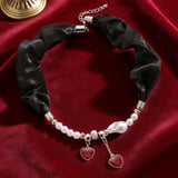 Black Ribbon Necklace Irregular Baroque Pearl Tassel Heart Pendant Choker Set