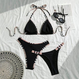 Plaid Trim Black Bikini Three Piece Swimsuit Separate Set Bikini Swimsuit Three Piece