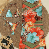 Printed Triangle Cup Sexy Quick Dry Cover Up Long Dress Bikini Three Piece Swimsuit for Women