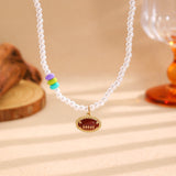 Sporty Soccer Football Rugby Pendant Pearl Beaded Necklace Bracelet Earrings Set