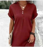 Solid Color Pullover Comfortable Casual Button Dress V-Neck Batwing Sleeve Dress