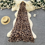 Vintage Leopard Halter Sleeveless Dress – High-Waist A-Line Maxi, Office Slim-Fit Shift