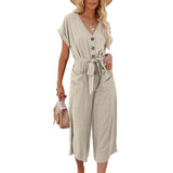 Women's Wide-Leg Jumpsuit Relaxed V-Neck Tie-Waist with Pockets Summer