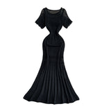 Vintage Hollow-Out Knit Dress – Women's Summer Elegant Tie-Waist A-Line Midi, Fishtail Slim-Fit Gown