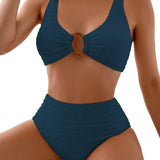 Two Piece Bikini Set Women's Sexy Solid Color with Ring High Waist Swimwear