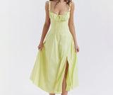 Sleeveless Strapless Bandage Corset Dress - Floral Print Long Midi Dress with Lace Up Back & Thigh Slit