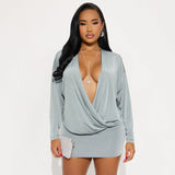 Fashion sexy deep V long sleeve solid color waist and hip wrap dress