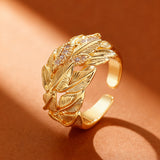 Luxury Leaf Texture Copper Inlaid Zircon Ring Gold Two-Tone Open Ring