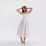 Floral Printed French Lace-Up Halter Dress - Sleeveless Spaghetti Strap Holiday Party Dress with Suspender Detail