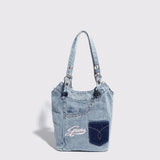 Washed denim shoulder bag, Spice girl sweet cool retro hobo bag, fashionable splicing shoulder bag, versatile hobo women's bag