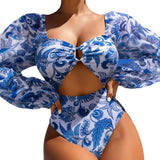 Swimsuit Printed Mesh Long Sleeve Popular One Piece Hollow Out Swimsuit