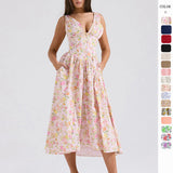 Summer Slim Suspender Long Dress Fashion Printed V-Neck Temperament Dress