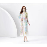 Early Spring Fashion Court Style Dress - Vintage Print Mandarin Collar Long Sleeve Flared Maxi Gown